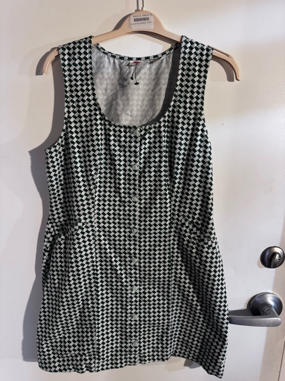 Sleeveless Button-Front Mini Dress in Black & White Geometric Print